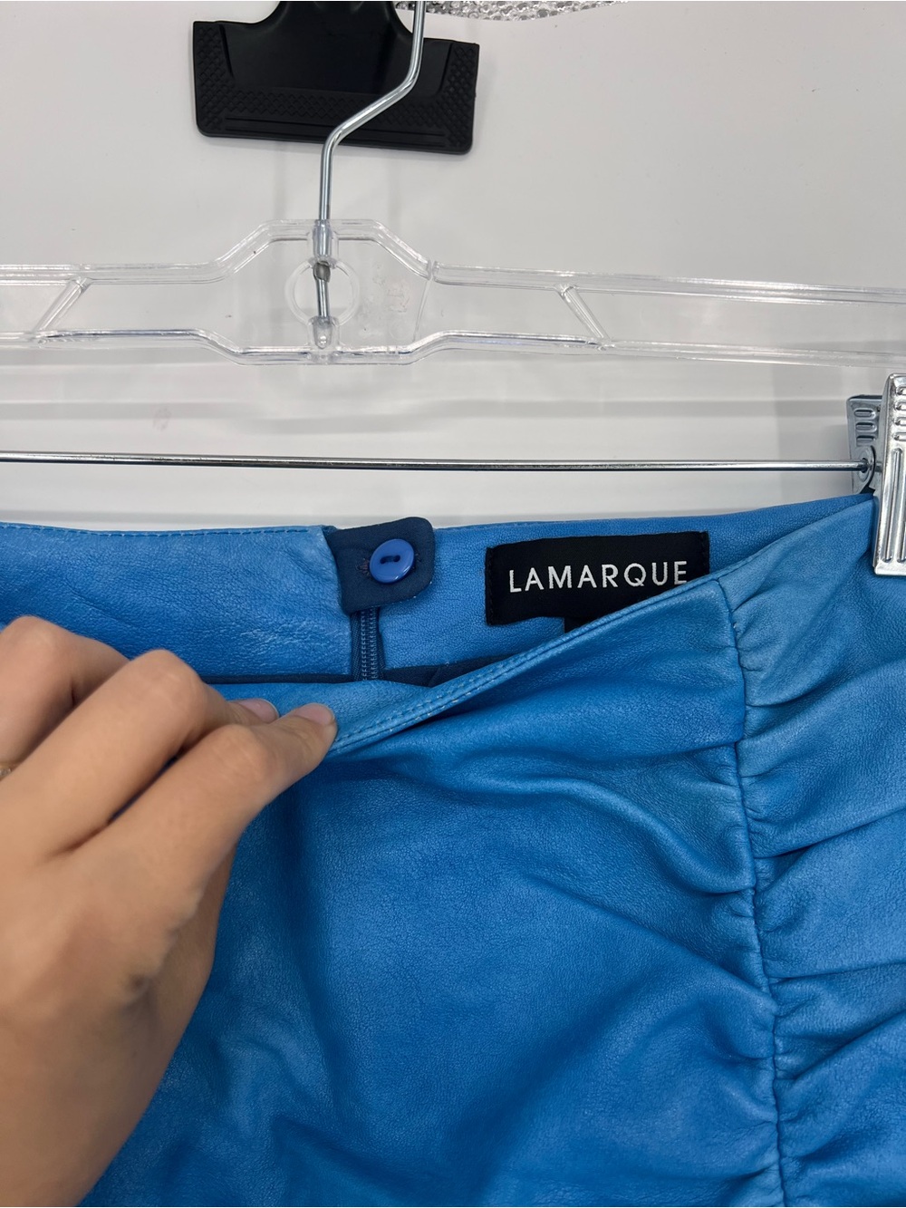 Lamarque 100% Lamb Leather Cornflower Blue Ruched Designer Ultra Mini Skirt 6 - Picture 4 of 8